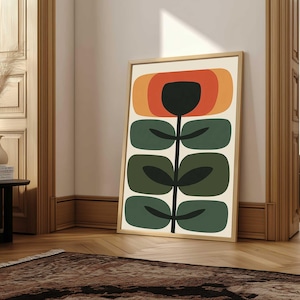 Scandinavian Mid century Modern Print, Abstract Botanical Wall Art, Olive Green Modern Poster, Nordic Style Decor,  Floral illustration