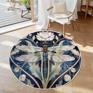 William Morris Round Rug Black Silver Floral Dragonfly Non Slip Throw Rug Decorative Accent Area Rug Botanical Rug Cottagecore Home Decor