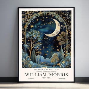 WIlliam Morris Print, Moon Poster, Celestial Print, Dark Forest Print, Moon Poster, Art Vintage Blue Wall Art, Gold Decor Bedroom Print