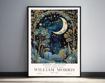 William Morris maanafdruk, vintage poster nachtelijke hemel, maanlicht donker bos muurkunst voor woonkamer, slaapkamer