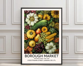 Impresión del Mercado de Borough, póster londinense de mediados de siglo, arte retro del mercado agrícola, decoración de pared para cocina