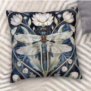 William Morris Dragonfly Pillow Silver Floral Nature Cottagecore Pillow Botanical  Gothic Insect Garden Accent Cushion Home Decor Gift