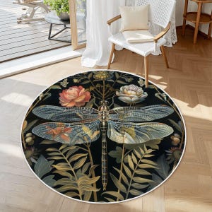 William Morris Round Rug Black Floral Dragonfly Soft Non Slip Throw Rug Decorative Accent Area Rug Botanical Rug Cottagecore Home Decor