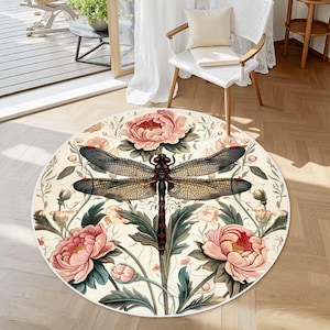 William Morris Round Rug Pink Floral Dragonfly Soft Non Slip Throw Rug Decorative Accent Area Rug Botanical Floor Rug Cottagecore Home Decor