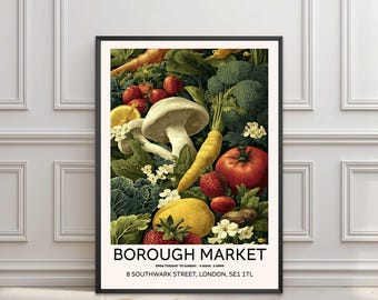 Póster de Borough Market Kitchen, lámina de Londres, arte mural vintage para comedor, lámina de mercado de alimentos agrícolas