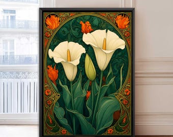 Calla Lily Art Nouveau Print Poster, Ornamental Floral Wall Art, Green Living Room Decor, Vintage Art Gift