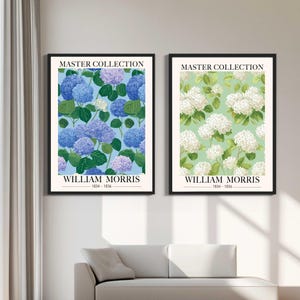 Set van 2 bloemenprints, kunst aan de muur hortensia, William Morris-print, lichtblauwe muurkunst, bloemenprint, Grandmillenial Art, botanische muurkunst