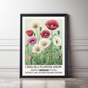 Chelsea Flower Market Pink Poppies Print William Morris Style London Print Green Floral Poster Retro Garden Print Botanical Wall Art