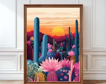 Southwestern Desert Sunset Wall Art, Cactus Botanical Print, Southwest Landscape Poster, Cacti Prints