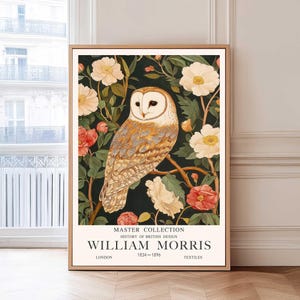 William Morris Owl Print, Barn Owl Wall Art, Owl Gift, Vintage Floral Print Bird Lovers Gift, William Morris Poster, Country Wall Art