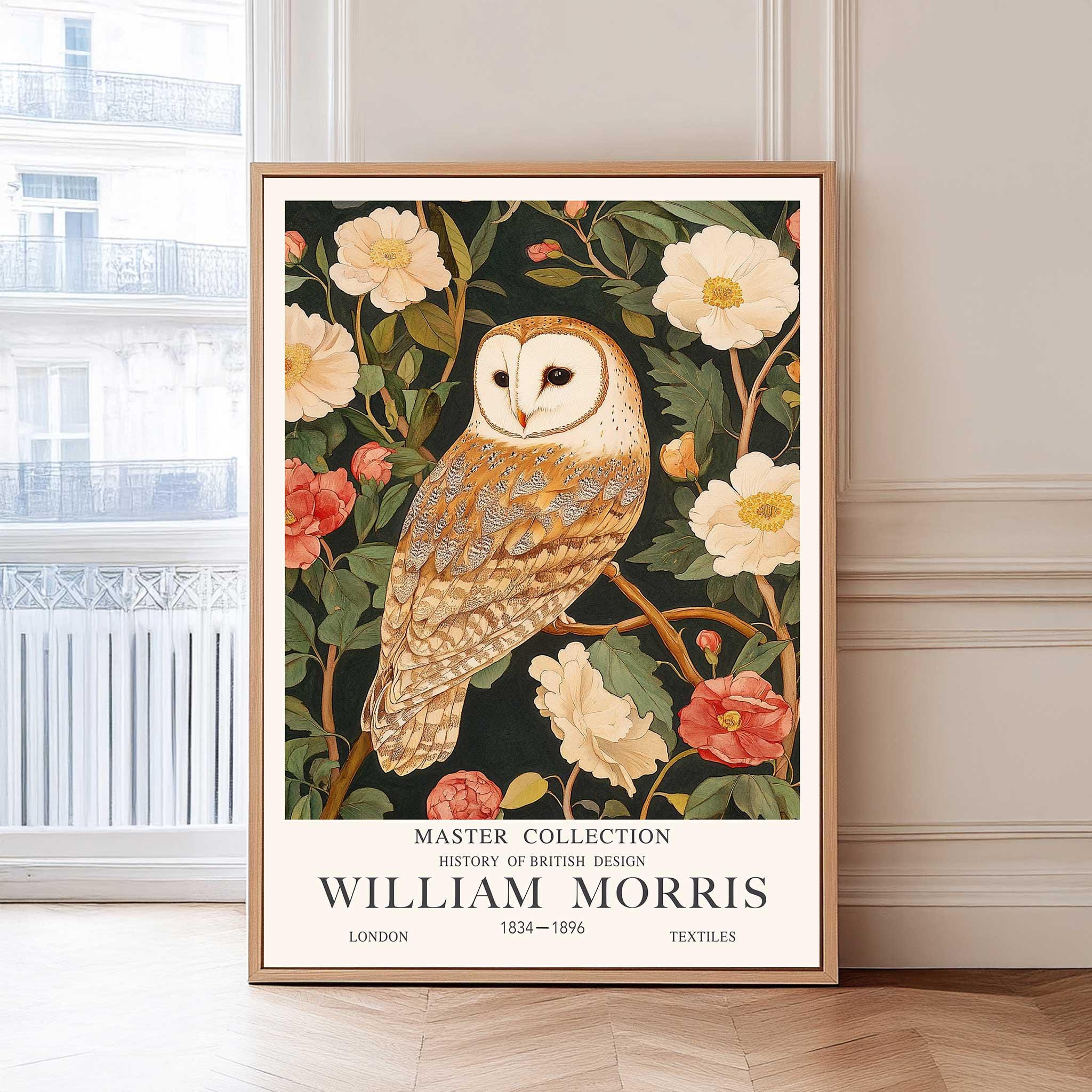 William Morris Barn Owl Print, Woodland Bird Wall Art, Floral Botanical Owl Poster
