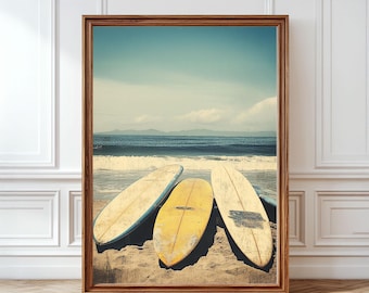 Surfboard Beach Poster, Vintage Surf Photography Print, Coastal Surfing Wall Art, Surfboards & Ocean Prints, Beach House Decor