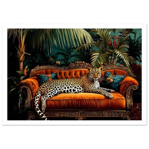 May include: A digital art print featuring a leopard resting on an orange velvet sofa with ornate gold trim. The background is a lush, dark green jungle scene with palm fronds and tropical plants. Two blue throw pillows add a pop of color.
