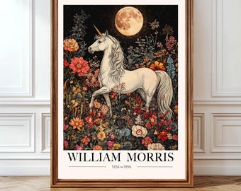 Unicorn William Morris Print, Floral Unicorn Poster, Fairytale Woodland Unicorn Wall Art, Botanical Poster