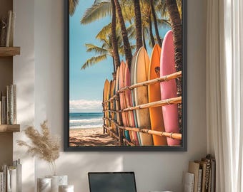 Surfboard Beach Poster, Tropical Surf Wall Art, Colorful Surfboards Photography, Palm Tree Coastal Print