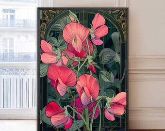Sweet Pea Art Nouveau Print Poster, Vintage Ornamental Floral Wall Art, Botanical Illustration, Living Room Decor, Art Gift