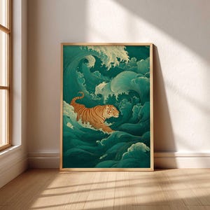 May include: A framed art print featuring a tiger in shades of orange and brown, navigating through stylized teal waves. The artwork has a vintage aesthetic, with a wooden frame. The print is displayed in a room with a window and wooden floor.