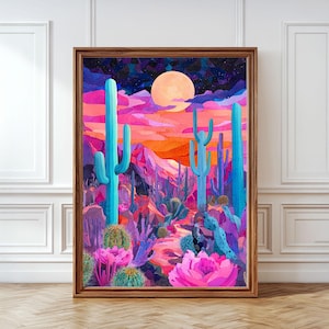 Desert Arizona Wall Art, Sunset Print, Vibrant Cactus Print, American Southwestern Moon Landscape Poster Boho Cactus Decor