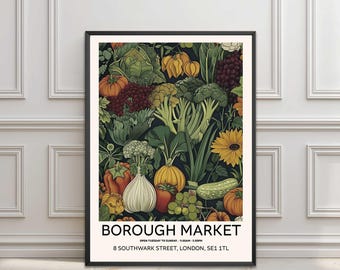 Lámina de Borough Market: Póster vintage de cocina londinense, estilo William Morris.