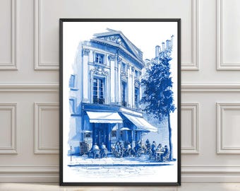 Paris Cafe Watercolor Print, French Bakery Wall Art, Vintage Boulangerie Kitchen Poster, France Travel Poster