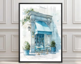 Paris Cafe Print, French Bakery Poster, Vintage Kitchen Prints, France Street Scene Watercolour Painting