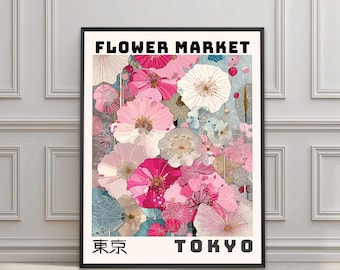 Japanese Cherry Blossom Wall Art, Tokyo Flower Market Poster, Retro Pink Floral Print