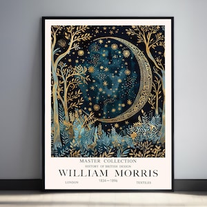 WIlliam Morris Moon Print Dark Academia Prints Moon Stars Dark Forest Landscape Wall Art Vintage Blue Gold Decor Enchanting Celestial Print