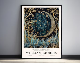 William Morris Moon-print, poster Celestial Night Sky, botanische bosmaan muurkunst