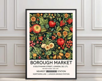 Cartel de comida del Borough Market, lámina de cocina al estilo de William Morris, arte mural vintage de Londres.
