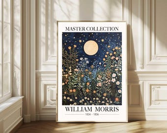 May include: A framed art print from the Master Collection featuring a floral night scene by William Morris. The artwork depicts a full moon, stars, and colorful flowers against a dark blue background. The text "WILLIAM MORRIS 1834-1836" is displayed at the bottom.
