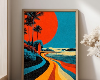 Retro Surf Beach Poster, California Surfer Art Print, Mid Century Beachy Prints, Vintage Coastal Illustration