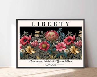 Liberty Floral Wall Art, Vintage London Botanical Print, Pink Wildflowers Poster