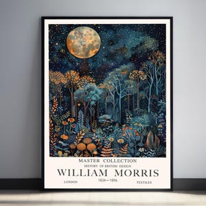 WIlliam Morris Moon Print Dark Academia Prints Moon Stars Dark Forest Landscape Wall Art Vintage Blue Gold Decor Enchanting Celestial Print