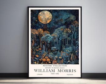 Full Moon William Morris Print,  Moonlight Woodland Poster,  Night Sky Forest Wildflower Wall Art For Living room, Bedroom