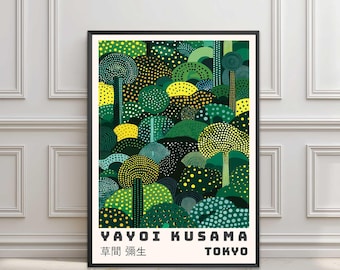 Yayoi Kusama Forest Poster, Japanese Wall Art, Green Abstract Botanical Landscape Print, Japan Retro Style, A2 Large Art