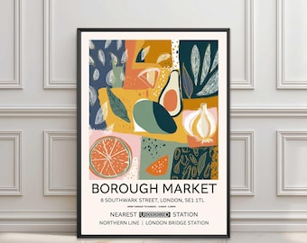 Póster del Borough Market de Londres, impresión moderna de mediados de siglo, arte mural abstracto de mercado de alimentos, decoración de cocina