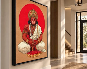 Hanuman Wall Art, Hindu God Canvas Print, Lord Hanuman Meditation Art, Indian Spiritual Wall Decor, Yoga Room Art