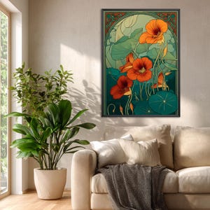 K&ouml;nnte beinhalten: Kunstdruck mit leuchtend orangefarbenen Kapuzinerkressebl&uuml;ten mit gr&uuml;nen Bl&auml;ttern und einem tealfarbenen Hintergrund. Das Kunstwerk ist in einem schwarzen Rahmen gerahmt und h&auml;ngt an einer beigefarbenen Wand. Der Stil erinnert an den Jugendstil.