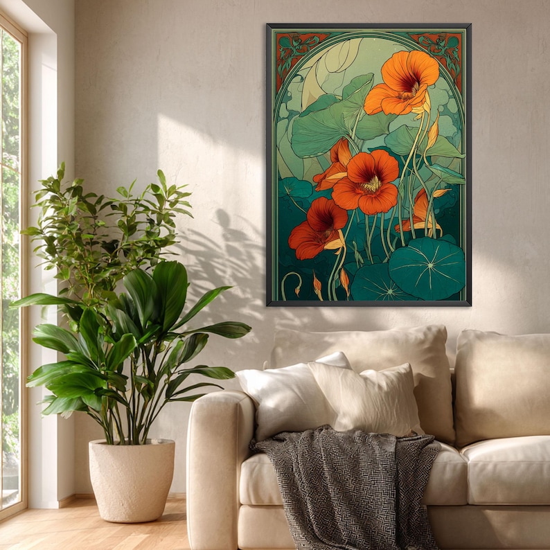 K&ouml;nnte beinhalten: Kunstdruck mit leuchtend orangefarbenen Kapuzinerkressebl&uuml;ten mit gr&uuml;nen Bl&auml;ttern und einem tealfarbenen Hintergrund. Das Kunstwerk ist in einem schwarzen Rahmen gerahmt und h&auml;ngt an einer beigefarbenen Wand. Der Stil erinnert an den Jugendstil.