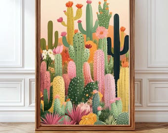 Colourful Cactus Wall Art Print, Pastel Desert Botanical Poster, Southwestern Desert Decor, Modern Boho Home Art