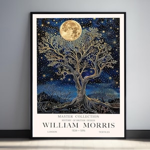WIlliam Morris Moon Print Dark Academia Prints Moon Stars Dark Forest Landscape Wall Art Vintage Blue Gold Decor Enchanting Celestial Print
