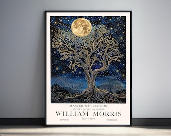 Impression arbre lune, art mural William Morris, affiche ciel nocturne, déco Dark Academia, estampes gothiques pleine lune