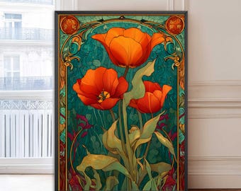 Art Nouveau Poppy Wall Art,Poster, Bold Orange Red Floral Illustration, Teal Vintage Flower Print
