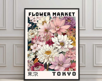 Japanese Floral Wall Art, Tokyo Flower Market Print, Oriental Pink Floral Botanical Poster, For Living Room Bedroom & Gifting
