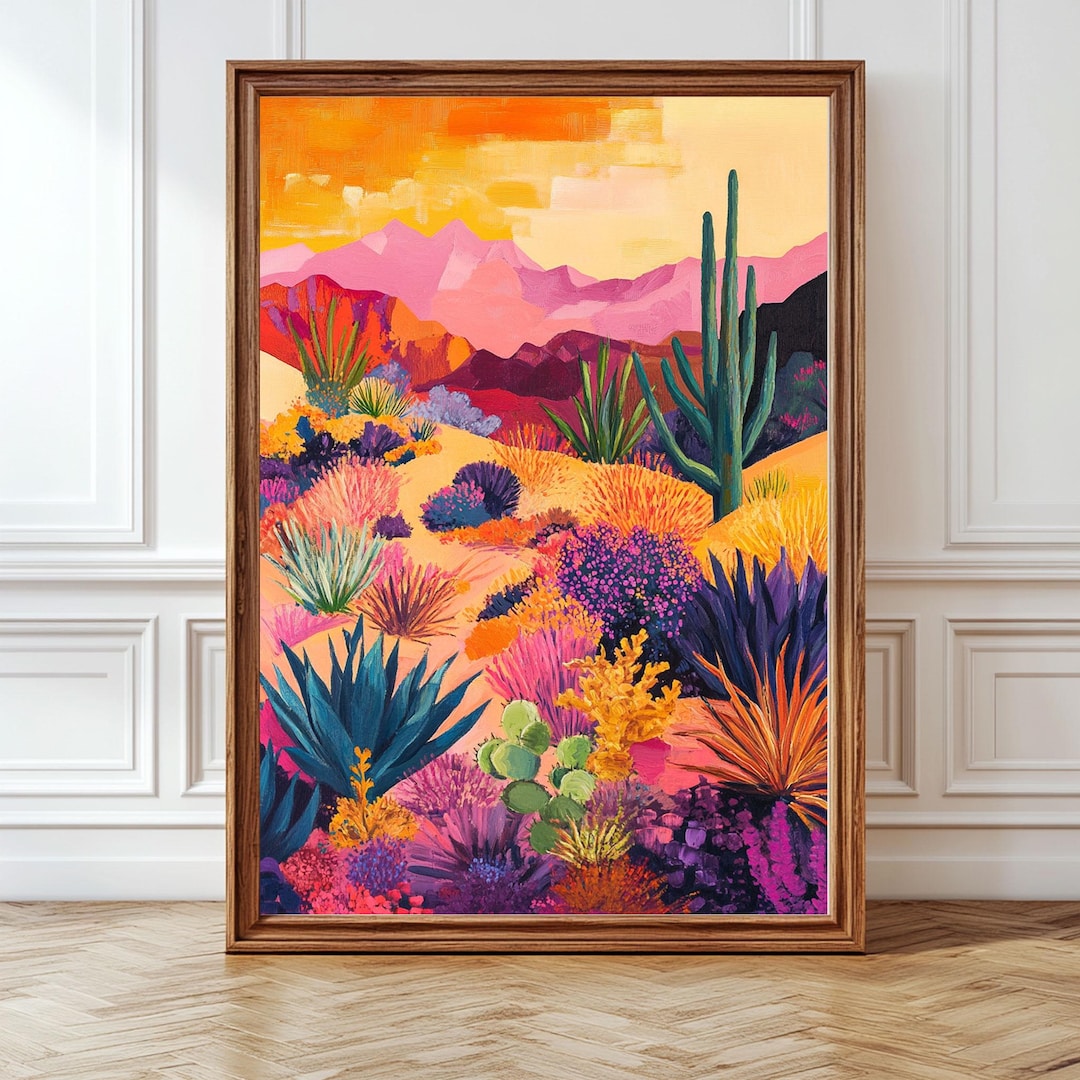 Desert Painting Wall Art Print, Vibrant Cactus Mountain Landscape ...