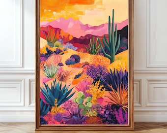 Desert Painting Wall Art Print, Vibrant Cactus Mountain Landscape Poster, Southwestern Desert Art
