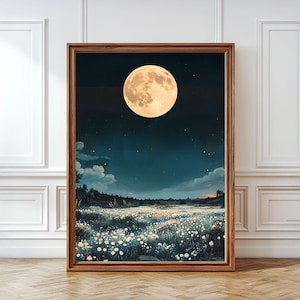 ウィリアム・モリスプリント 月明かりの草原アートプリント ワイルドフラワー ウォールアート 夜空 コテージコア ホームデコレーション 植物の月ポスター 月好きの方向け