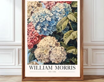 Grande stampa di ortensia di William Morris, stampa floreale da parete con ortensia rosa, blu e bianca, poster botanico vintage, floreale, regalo di inaugurazione della casa