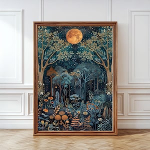 ウィリアム・モリスの月プリント、ダーク・アカデミアのウォールアート、月の森のプリント、陰鬱な森のプリント、ゴシック・ウォールアート、陰鬱なビクトリア朝のプリント