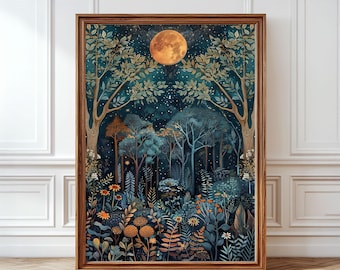 Stimmungsvoller Walddruck, Vintage-Wandkunst im Stil von William Morris, gotische Wanddekoration, Gemälde „Mond über dem Wald“